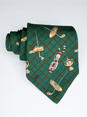 Vtg Tommy Hilfiger Silk Necktie Golf Print Green Plaid Made in USA Preppy
